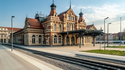 Obraz premium Plzeň, Czech Republic: Newly renovated historical main railway station of Czech Railways, featuring a parking lot, entrance hall, track, and subway