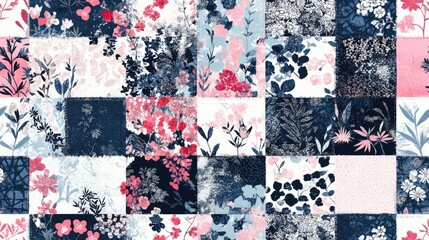 Abstract seamless patchwork design featuring floral motifs stylized flowers plants and lace in a vintage boho style