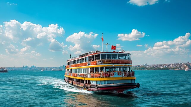 Istanbul ferry sailing under a blue sky in Turkey