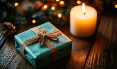 A blue box with a gold ribbon sits on a wooden table next to a lit candle