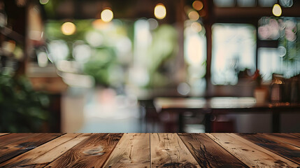 Rustic Wooden Tabletop with Blurred Cafe Background, Bokeh Lights, and Warm Atmosphere