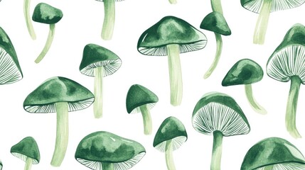 Obraz premium Seamless abstract botanical pattern featuring green mushrooms on a white background Created with digital brush strokes Suitable for textile fabrics wrapping paper backgrounds wallpaper and covers