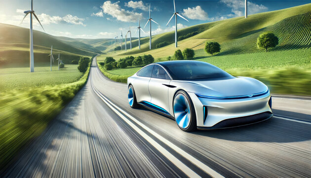 futuristic eco-friendly car a wide highway - Powered by Adobe
