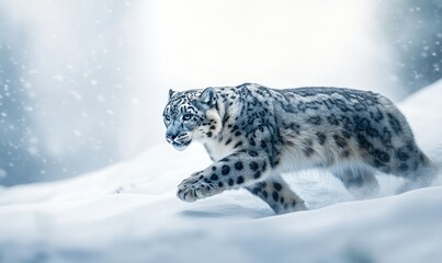 Fototapeta premium A snow leopard is walking through the snow