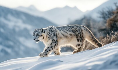 Fototapeta premium A snow leopard is walking through the snow on a mountain