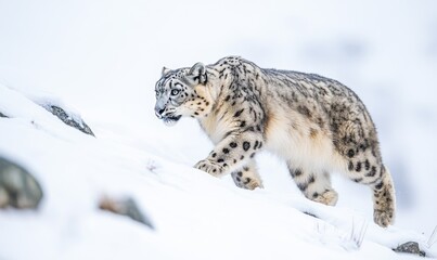A snow leopard is walking on a snowy hill