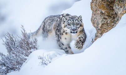 A snow leopard is running through the snow