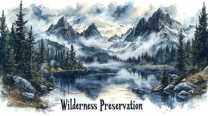 Serene mountain landscape illustration promoting wilderness preservation