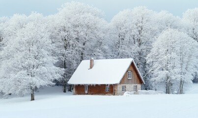 A small cabin in the woods is covered in snow