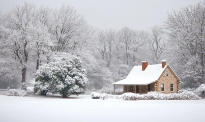 A small house with a chimney sits in a snowy field