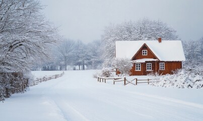 A small house with a white roof sits in a snowy field