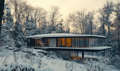 Obraz premium A large house with a fireplace and a balcony overlooking a snowy landscape