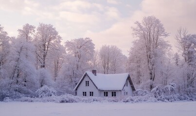 A small white house with a chimney sits in a snowy field