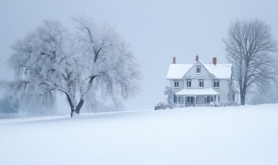 A house sits in a snowy field with a tree in front of it