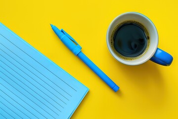 Coffee Cup with Notebook and Pen on a Yellow Table