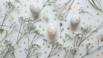 Easter Eggs Decorated with White Flowers and Orange Dots on a White Background, Springtime Celebration