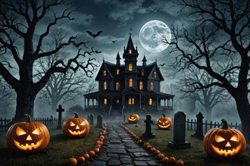 Fototapeta premium halloween night decorative with bat and moon background. Premium illustration for Halloween celebrations. 