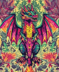 A vibrant, stylized dragon illustration with colorful scales and wings, set against a bold background.