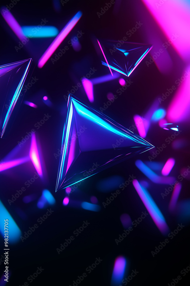 Wall mural Abstract background with floating geometric shapes. Blue and purple 3D objects on black backdrop