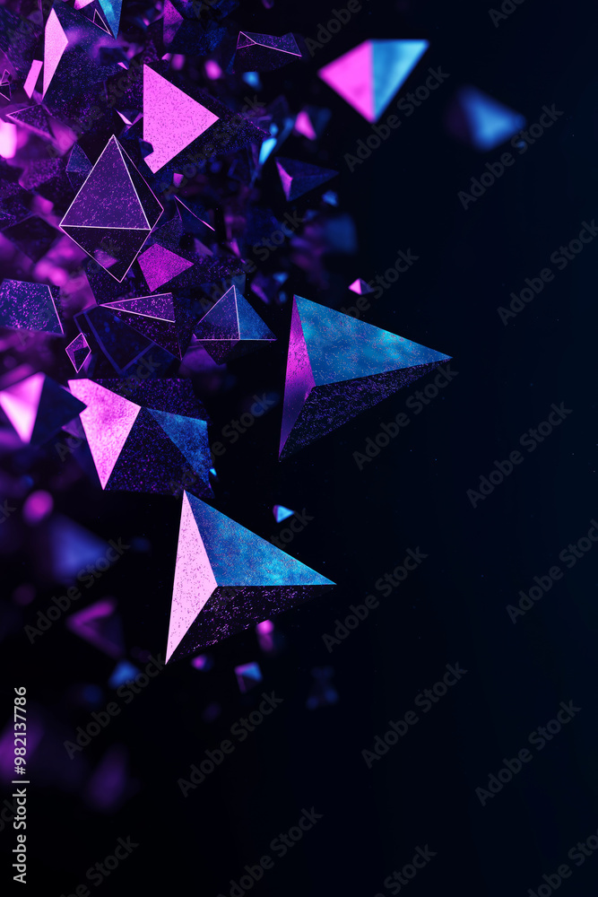 Wall mural abstract background with floating geometric shapes. blue and purple 3d objects on black backdrop