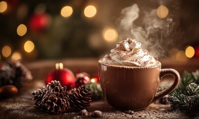 A cup of hot chocolate with whipped cream on top sits on a table with pine cones