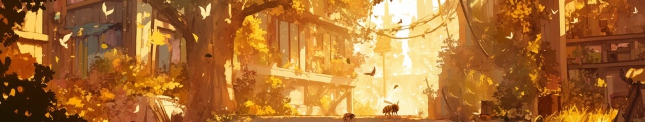 Naklejka premium Busy Bees in Autumn Garden: Animated Illustration of Honey Collection for Winter. Vibrant Cartoon Scene for Children's Books, Marketing Campaigns, and Seasonal Promotions. Colorful 4K Wallpaper Design