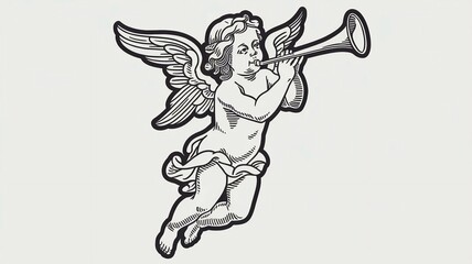 Fototapeta premium on a solid white background a black vector outline illustration of a cherub angel in renaissance style