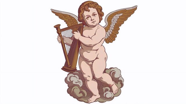 recommend clip art: on a solid white background a black vector outline illustration of a cherub angel in renaissance style