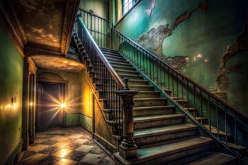 Obraz premium Worn wooden staircase in abandoned mansion with sunlight