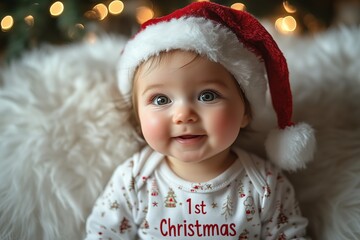 A cute baby wearing a white onesie with a red Santa hat, with the text "1st Christmas" on the shirt, against a white fur background, with twinkling lights