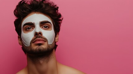 A young man relaxing at home with a facial mask against a vibrant pink backdrop, enjoying self-care in a cozy setting