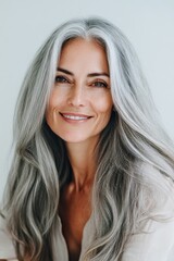 Naklejka premium vertical portrait of a beautiful mature woman with long grey hair and healthy skin, natural aging