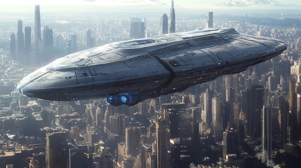 A futuristic spaceship hovering above a city.