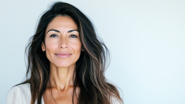 confident mature woman with long flowing hair smiling, natural beauty and healthy skin, looking at camera, copy space