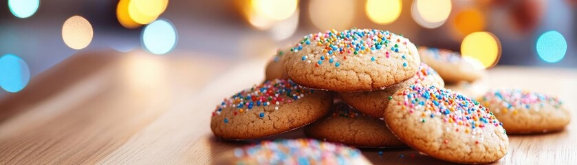 Delicious cookies with colorful sprinkles, perfect for celebrations or a sweet treat at home, served on a wooden surface.