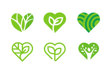 Leaf Love green heart logo, A set of green heart-shaped icons symbolizing love, nature, and eco-friendly concepts