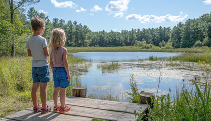 Fototapeta premium Two children standing on a dock observing a lake on a sunny day
