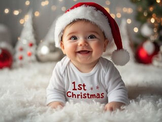 A cute baby wearing a white onesie with a red Santa hat, with the text "1st Christmas" on the shirt, against a white fur background, with twinkling lights