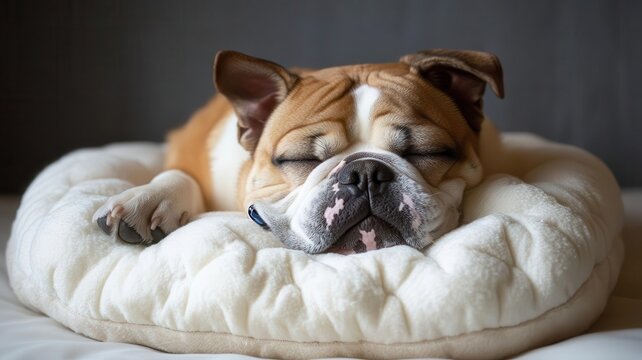 Bulldog snoring on an automatic pet pillow with noise-canceling features - comfort-focused pet tech