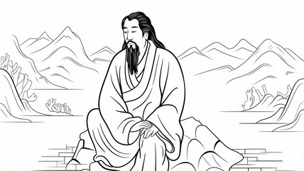 line art of Confucius, Philosopher and educator, black & white only