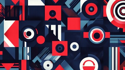 Abstract geometric pattern with red, white, and blue shapes.