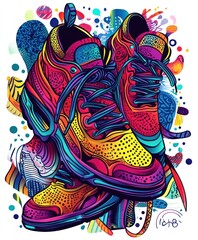 Obraz premium A vibrant illustration of colorful sneakers surrounded by abstract shapes and patterns.