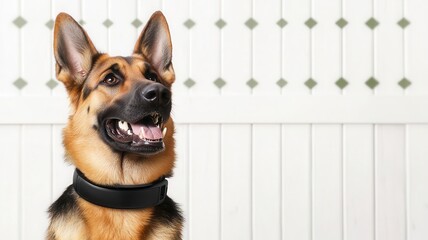 German shepherd with an automatic barking deterrent collar in a quiet neighborhood - behavioral pet automation