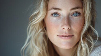 Naklejka premium Close-up Portrait of a Beautiful Woman with Blonde Hair and Blue Eyes