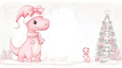 Naklejka premium A cute pink dinosaur in a Santa hat stands beside a small creature near a decorated Christmas tree, creating a whimsical holiday scene.