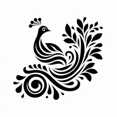 black and white peacock illustration with batik pattern combination