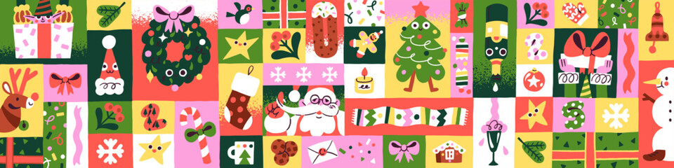 Modern geometric Christmas banner. Background with Xmas icons. Ornament, pattern with square, rectangle shapes for winter holiday. Design of New Year advent calendar. Flat vector illustration