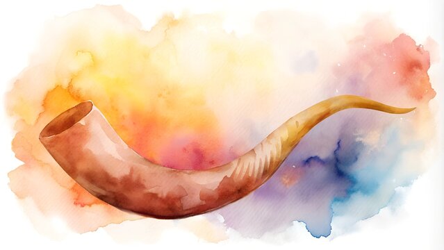 Shofar horn with watercolor splash background for Jewish holiday Rosh Hashanah