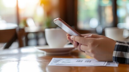 Person Using Phone in a Cafe Setting