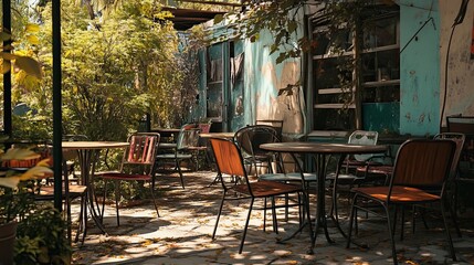 Fototapeta premium Empty Cafe Tables and Chairs on a Patio in Front of an Old Building